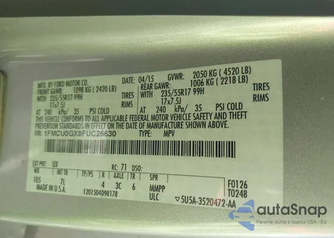 2015 Ford Escape Se из США, поврежденный, VIN 1FMCU0GX8FUC26630